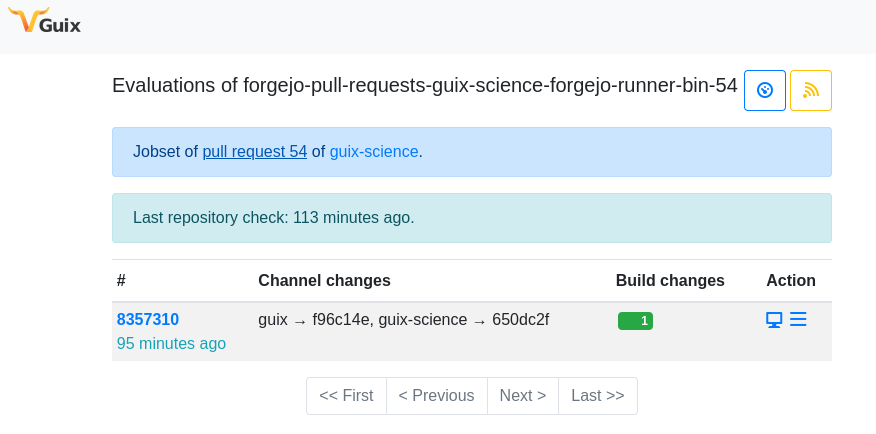 Screenshot of Cuirass showing a jobset corresponding to a pull request.